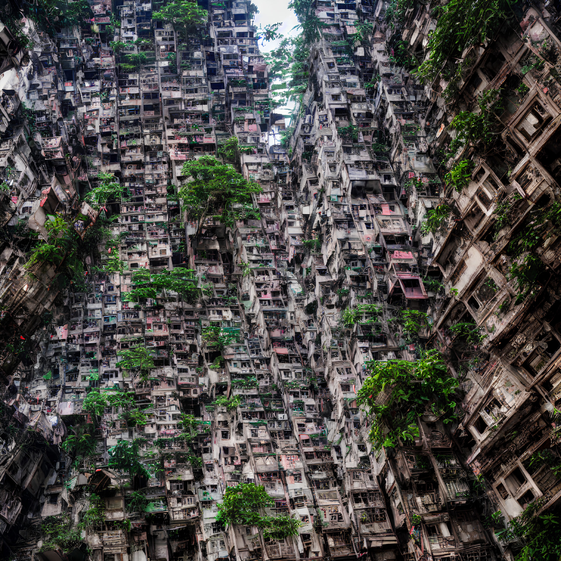 Urban skyline with towering residential buildings and balconies creating a dense cityscape.