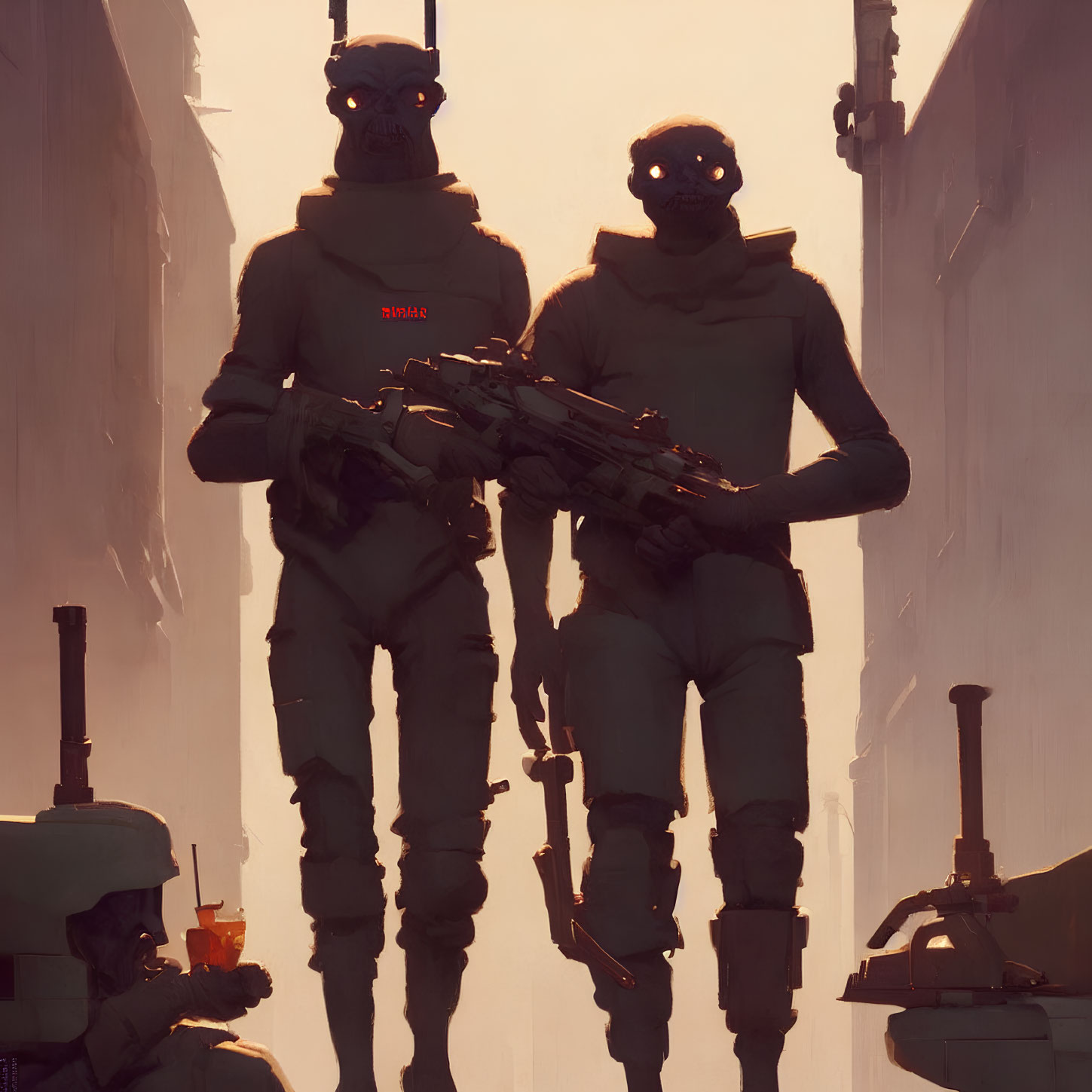 Futuristic soldiers with masks and advanced rifles in urban setting