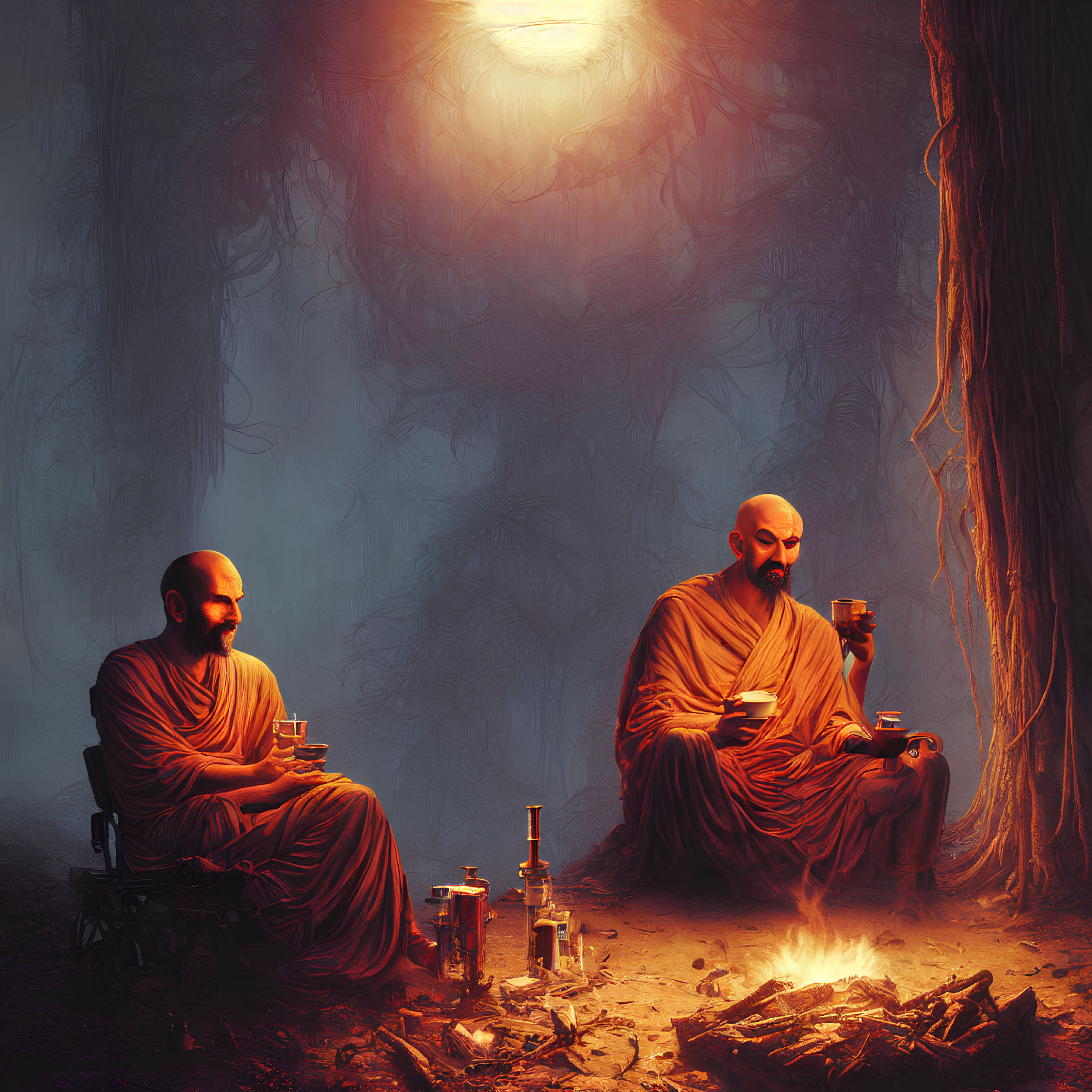 Monks Meditating by Fire Amid Lab Equipment and Mysterious Trees