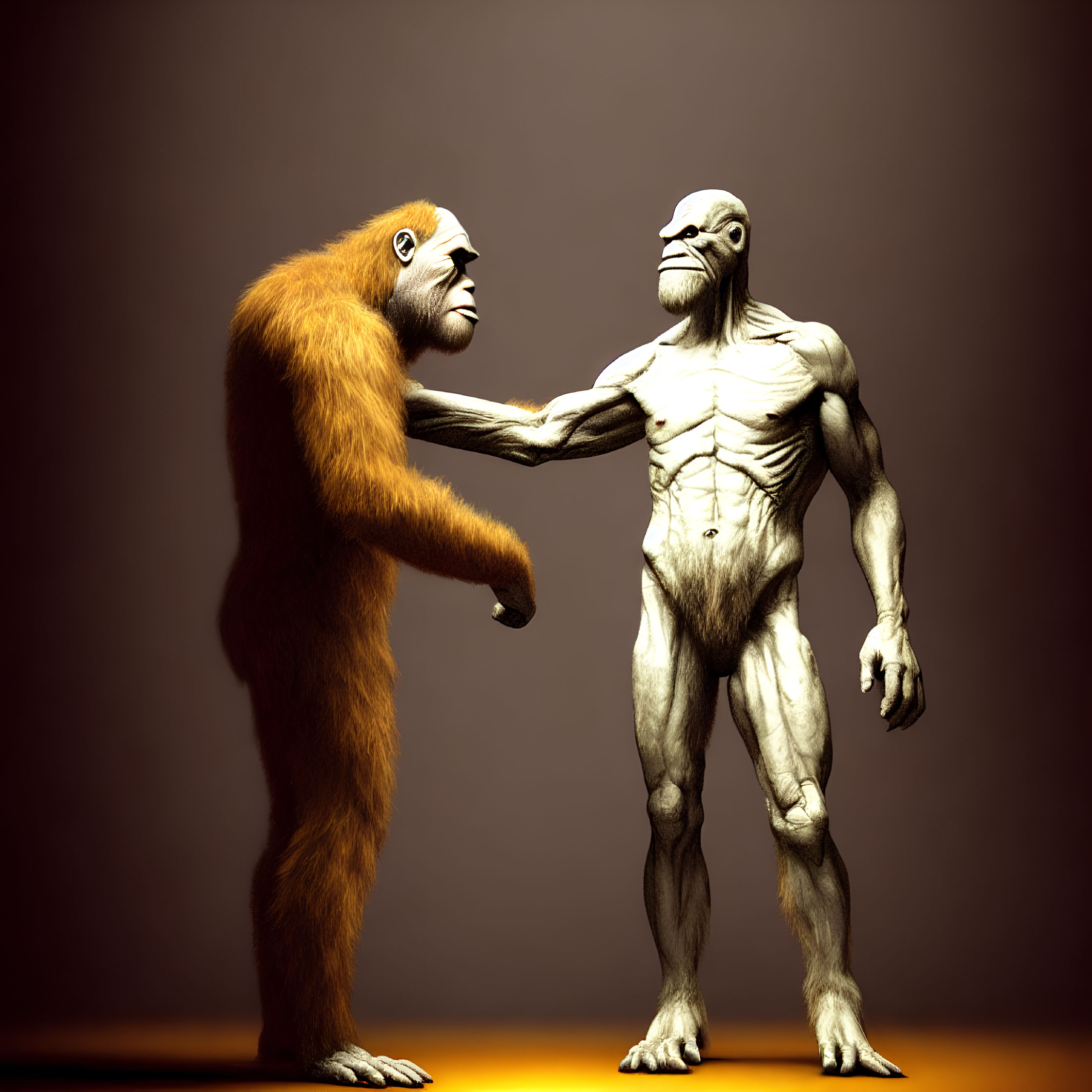 Stylized furry and muscular primates facing each other on brown backdrop