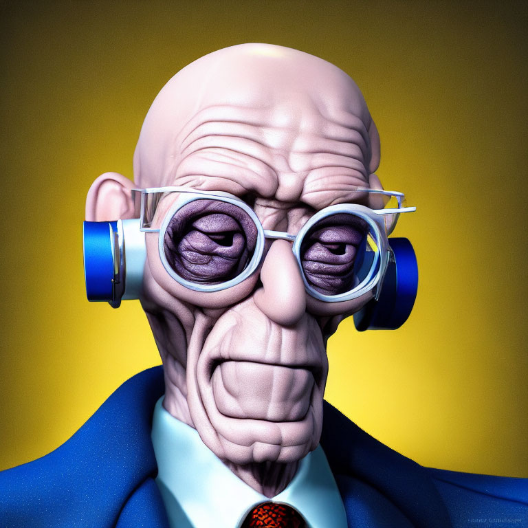 Stylized 3D illustration of elderly man with glasses and headphones