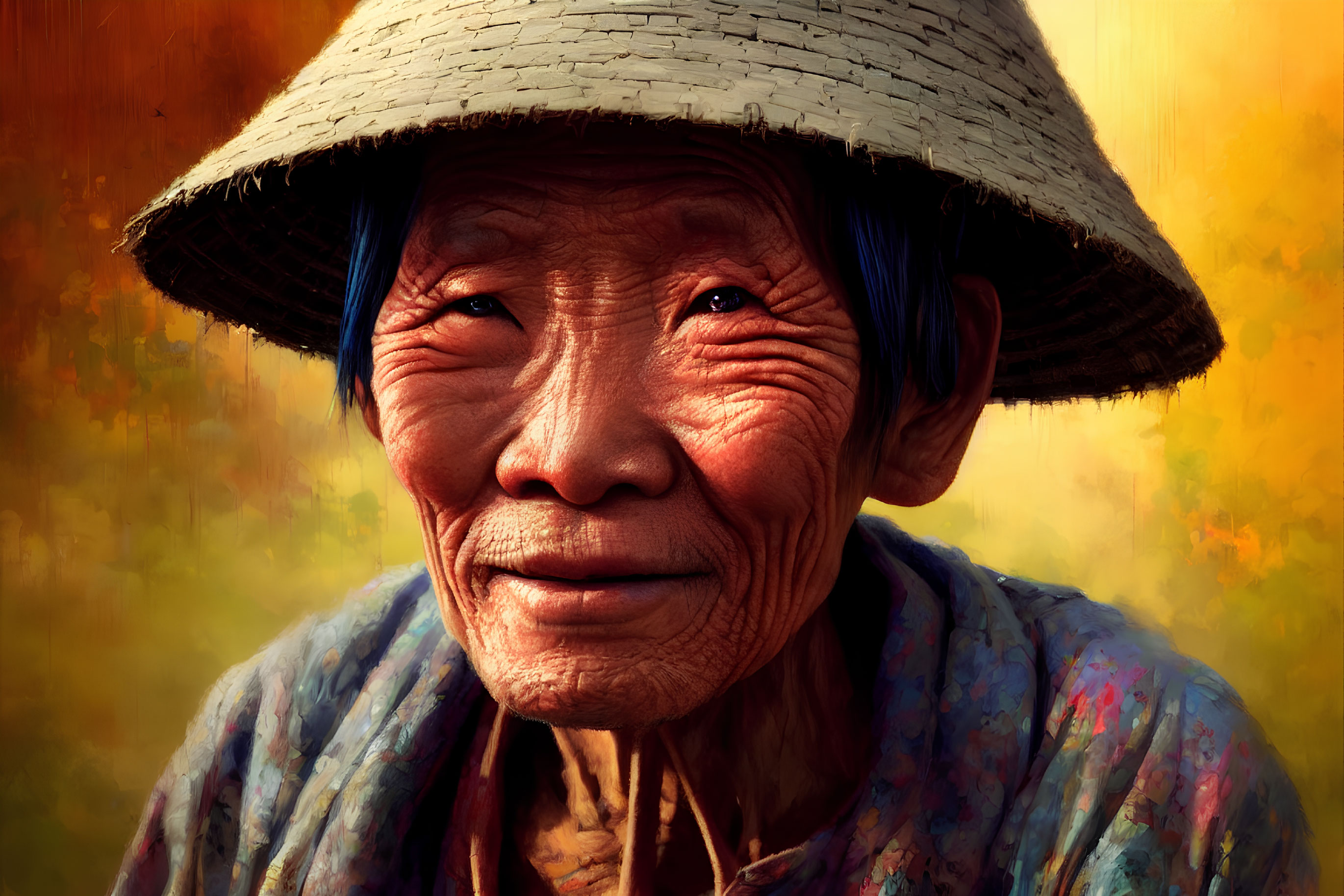 Elderly person in conical hat smiling at sunset