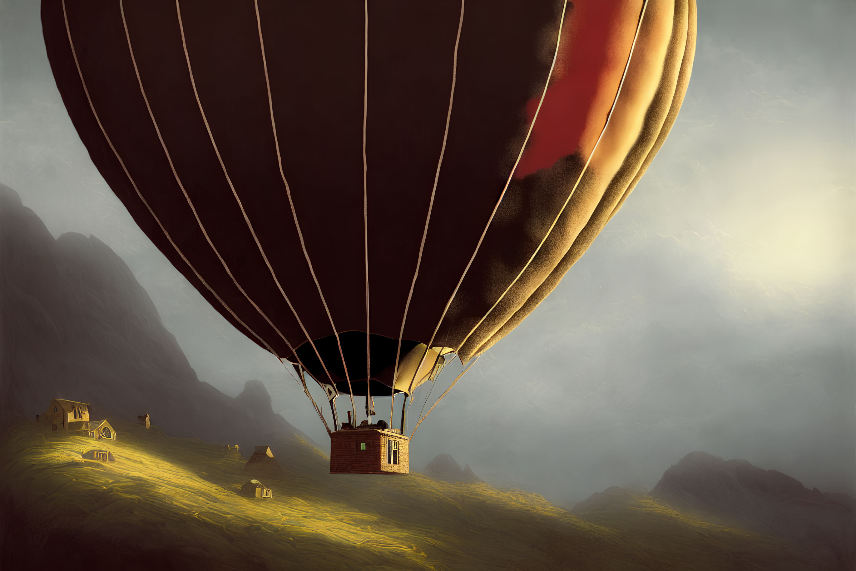 Scenic hot air balloon over sunset-lit hills and houses