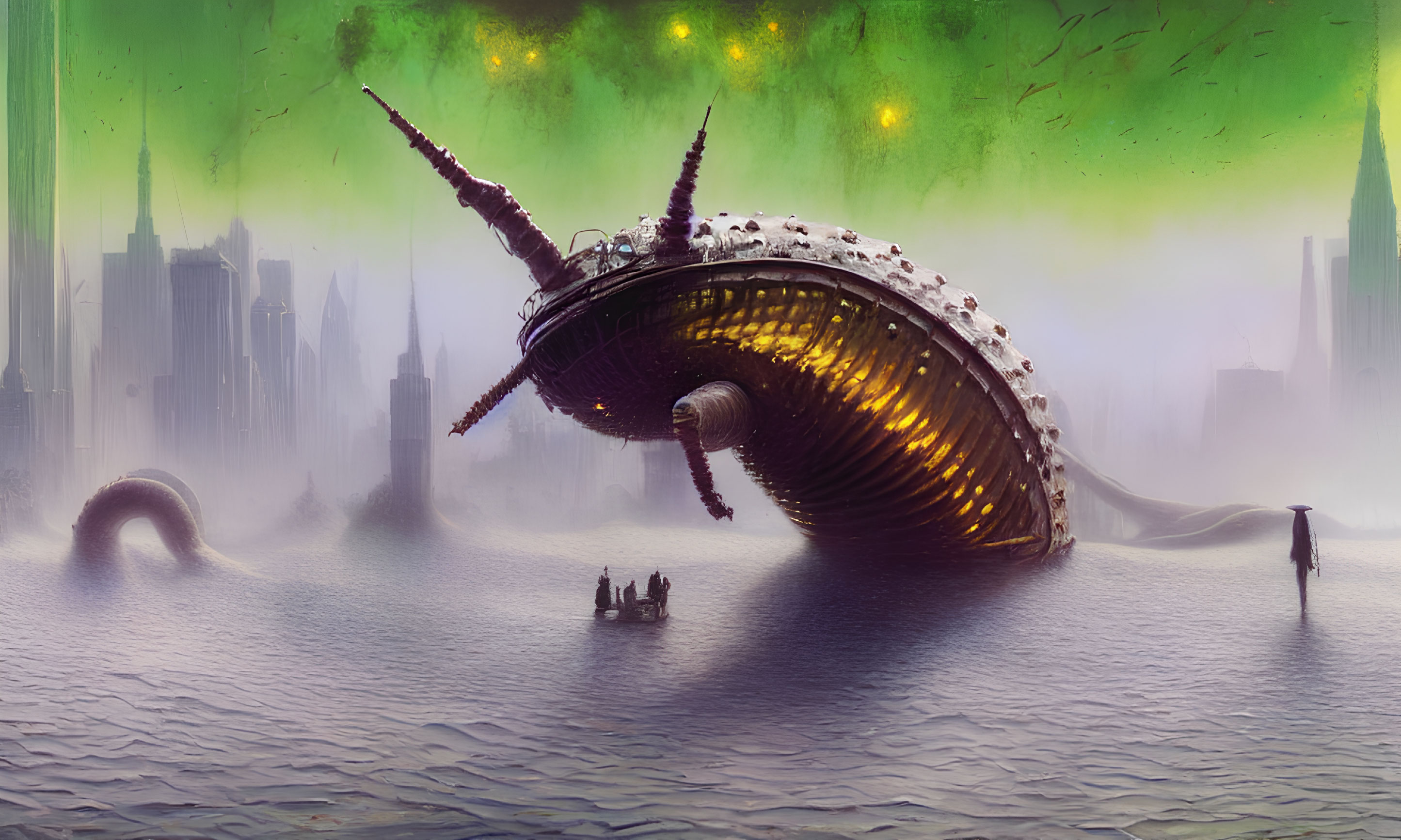 Monstrous sea creature with spiral shell near boat in futuristic cityscape