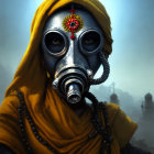 Person in Gas Mask with Ornate Decorations, Yellow-Orange Draped Fabric, Misty Background