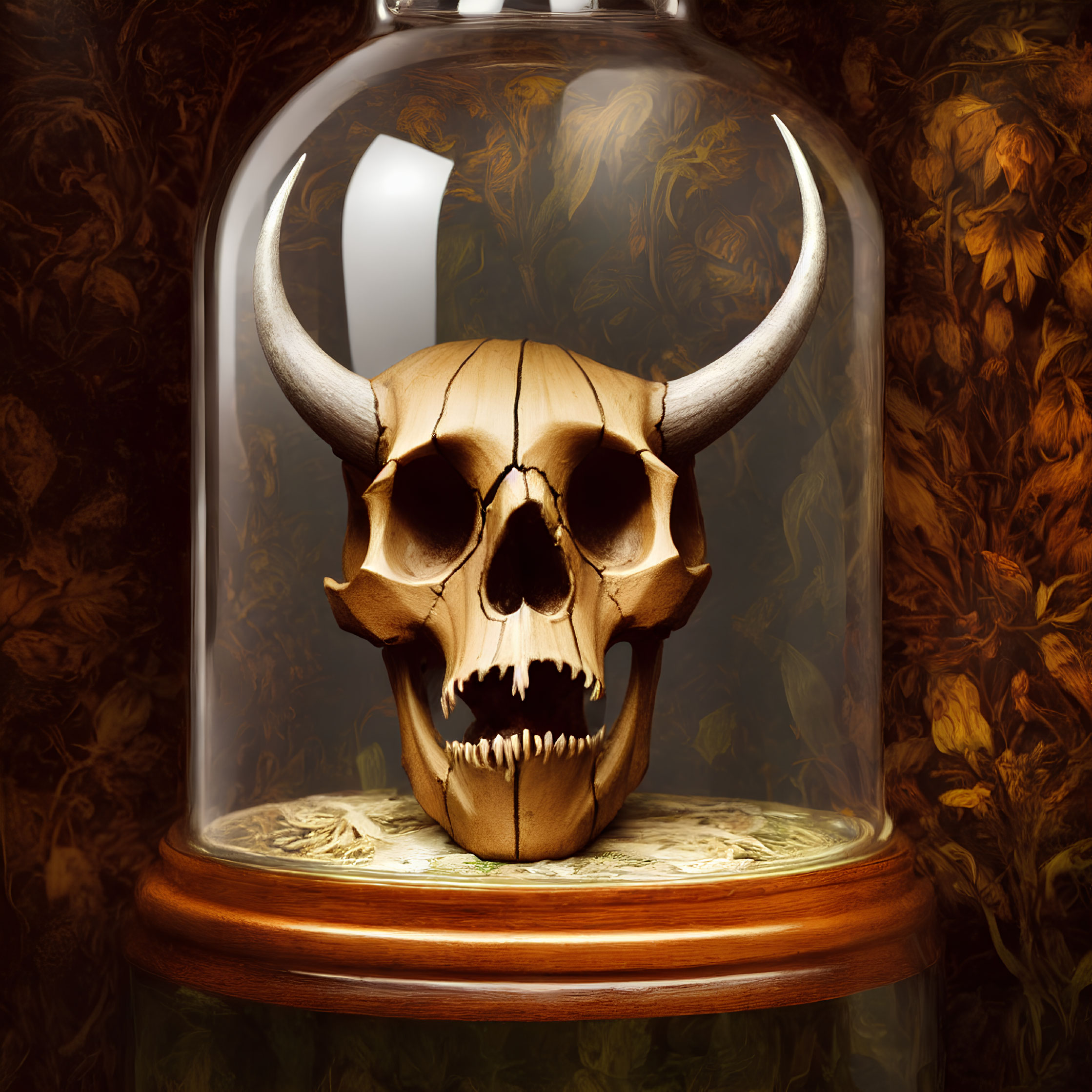 Skull with Horns Under Glass Dome on Autumnal Swirl Background