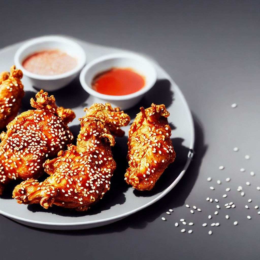 Sesame-Coated Chicken Wings with Dipping Sauces and Seeds on Plate