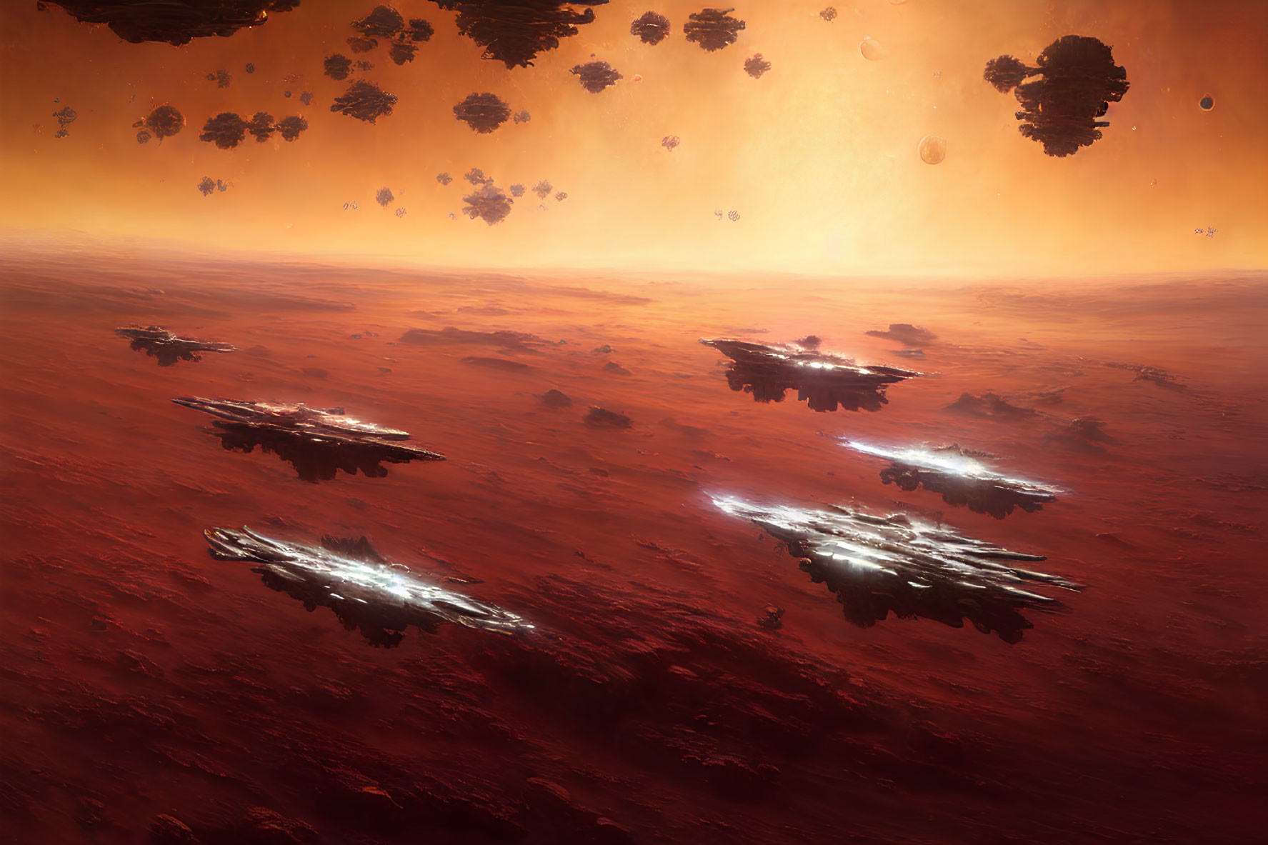 Spaceships above red alien landscape with floating rocks and large sun