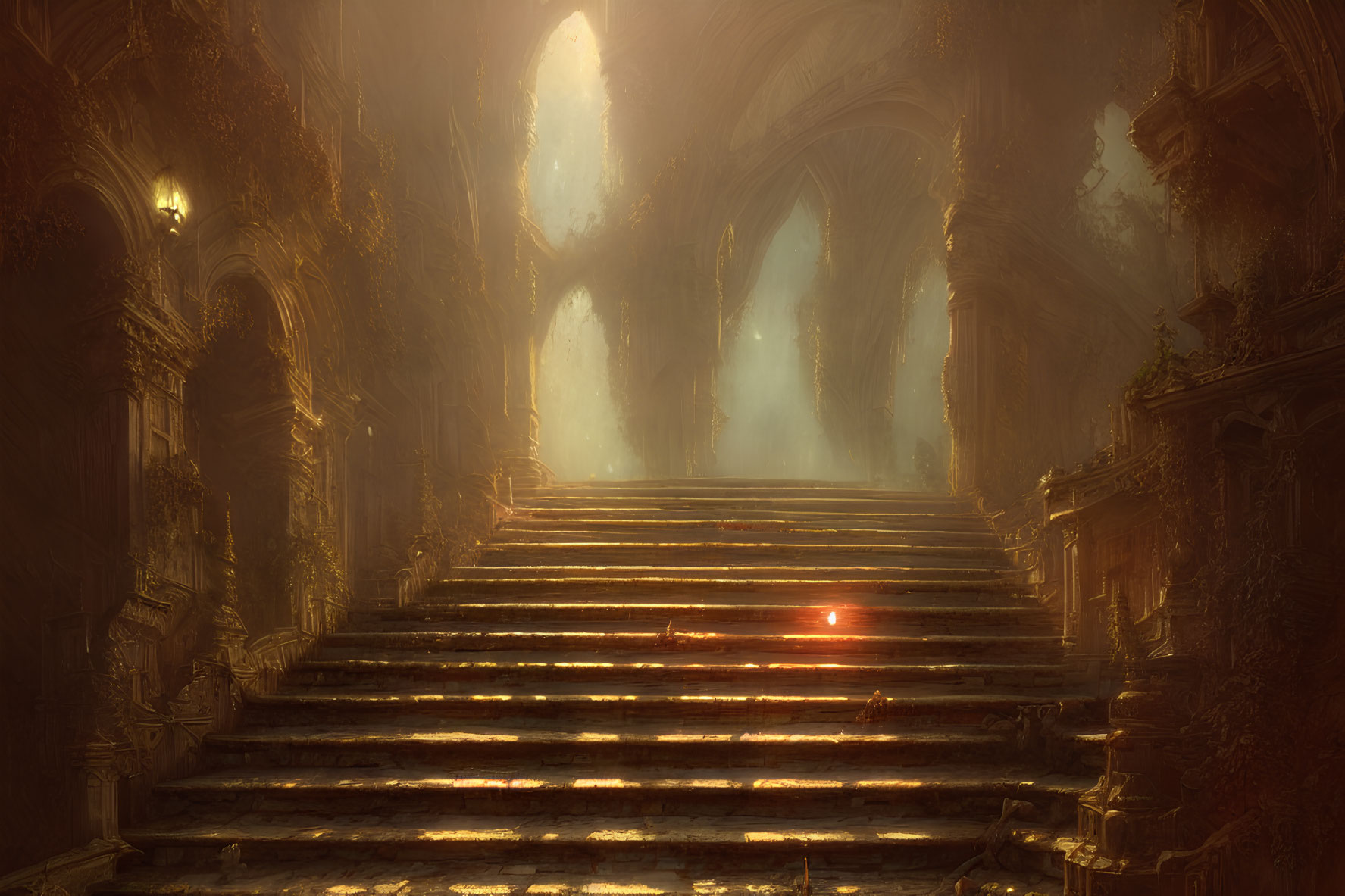 Digital artwork: Ancient staircase in dilapidated cathedral