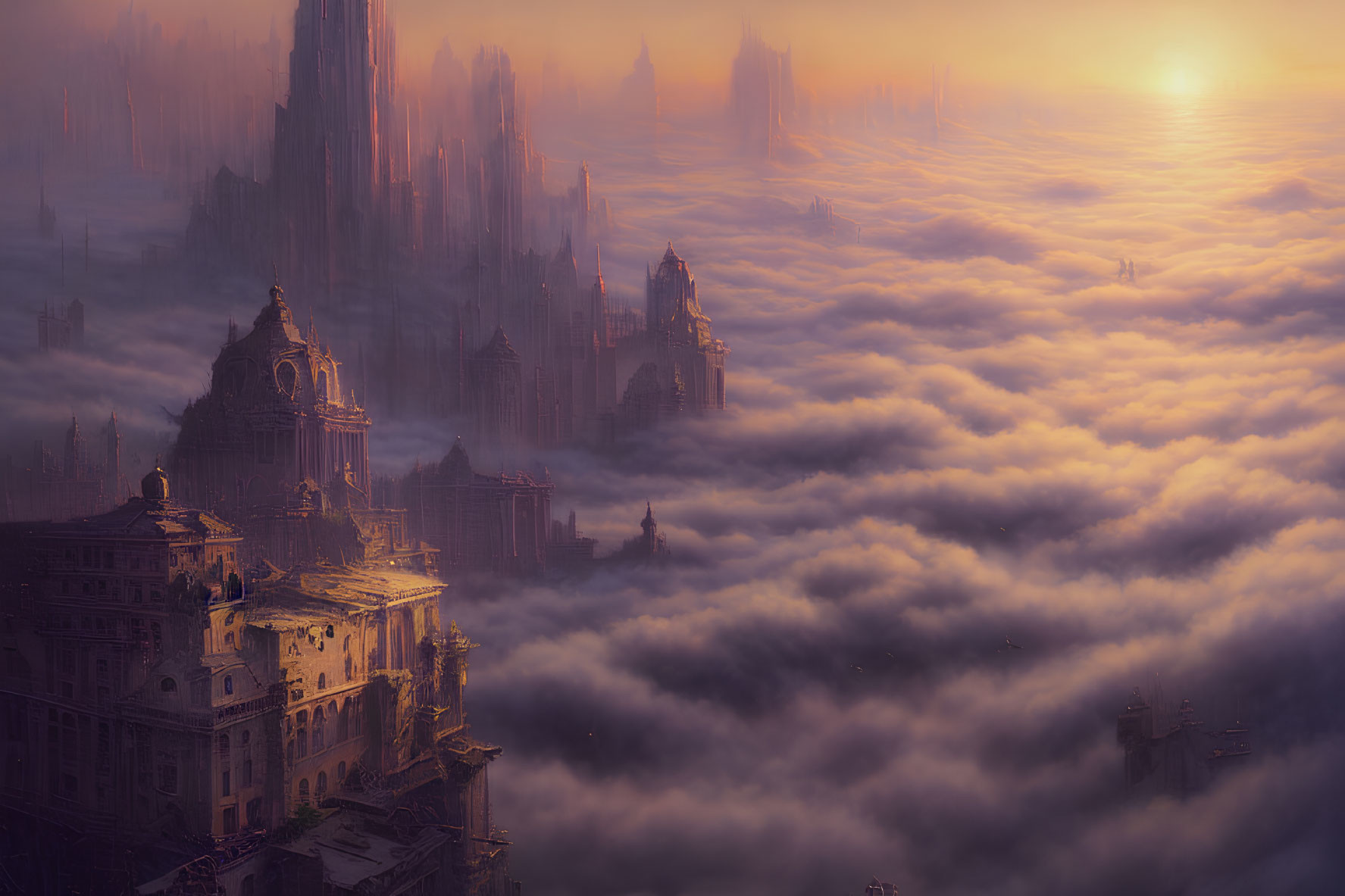 Majestic fantasy cityscape with towering spires above sea of clouds