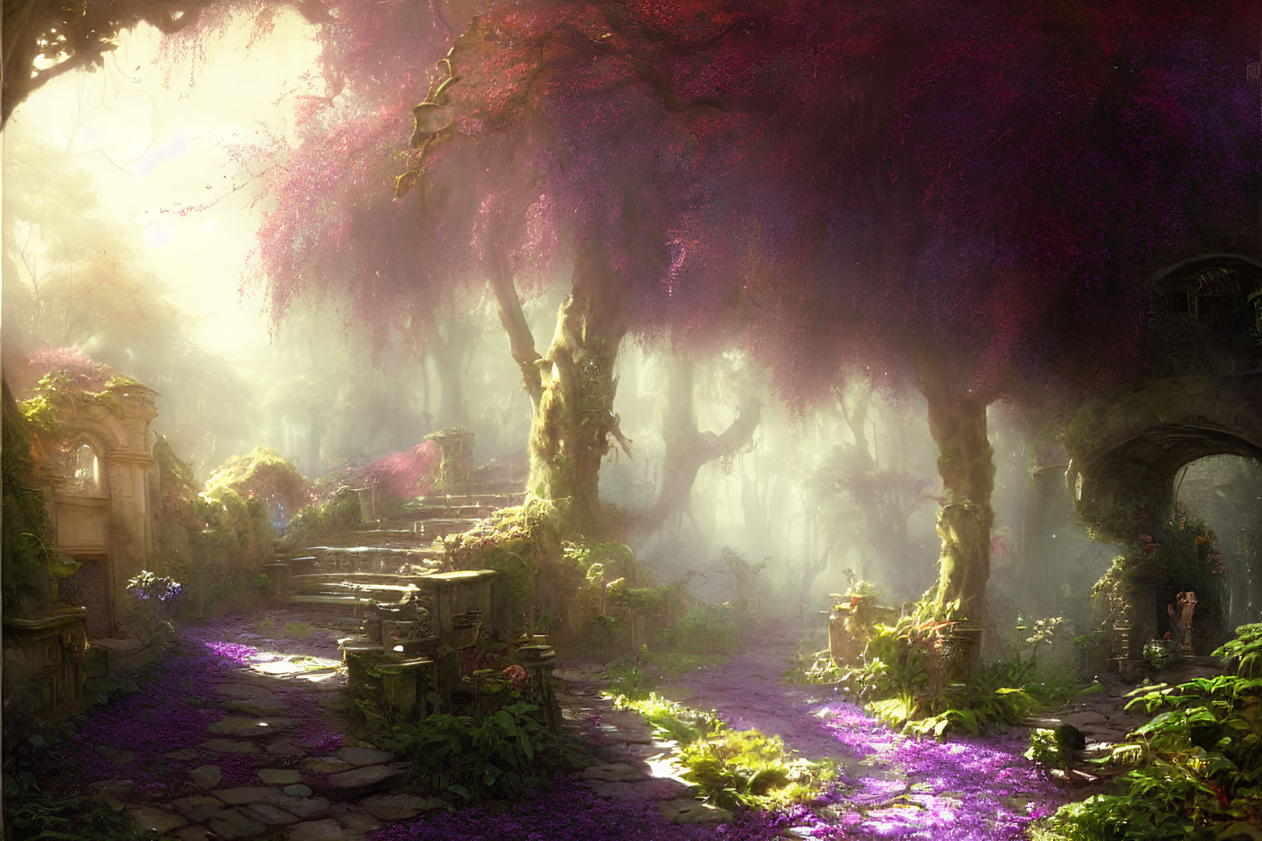 Ethereal forest scene with vibrant purple foliage and ancient stone structures