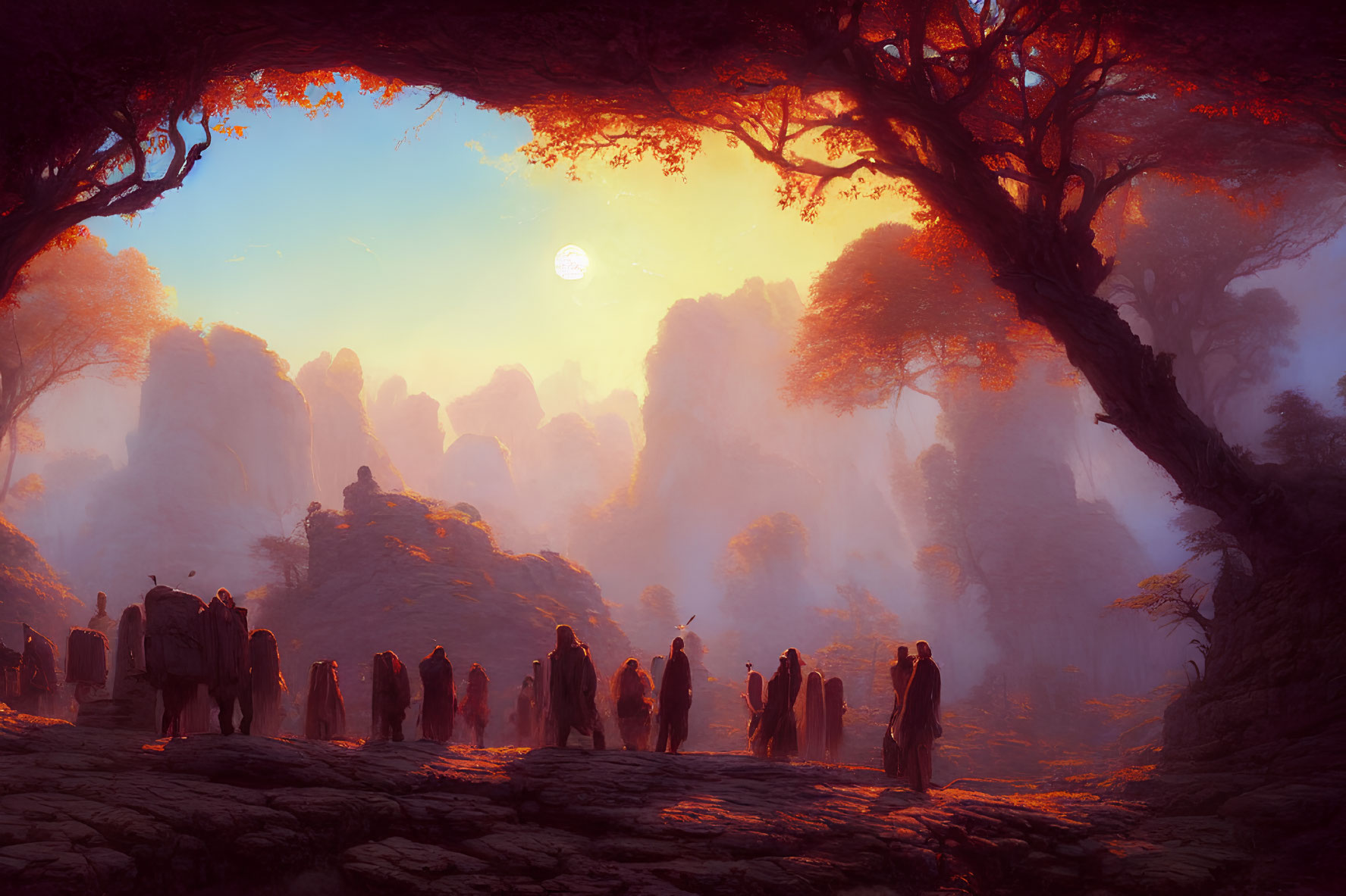 Mystical forest scene with robed figures under glowing orange leaves