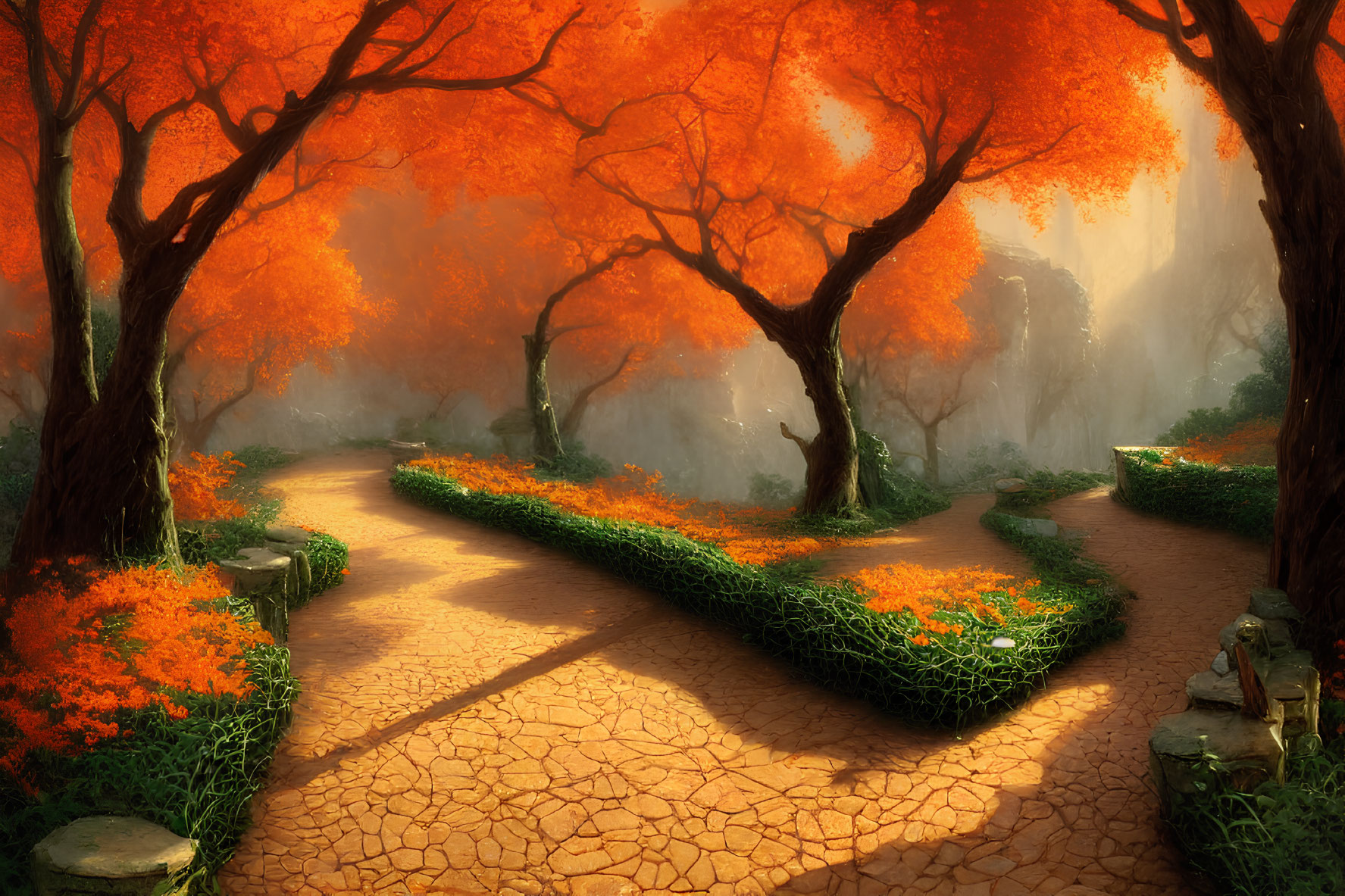 Scenic forest path with vibrant orange foliage and cobblestone walkway