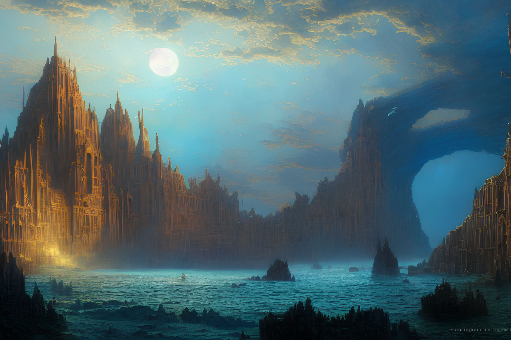 Gothic structures in fantastical moonlit landscape