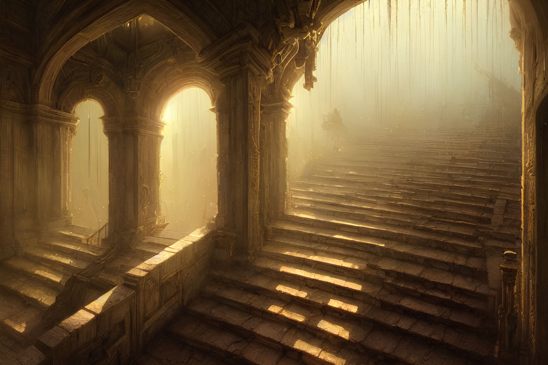 Misty sunlight illuminates ancient grand staircase and arches