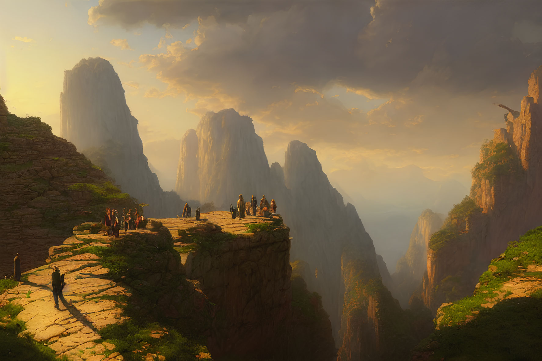 Group of people on ancient stone pathway overlooking vast canyon