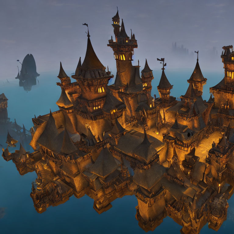 Fantastical floating castle with spires and towers in dusky sky