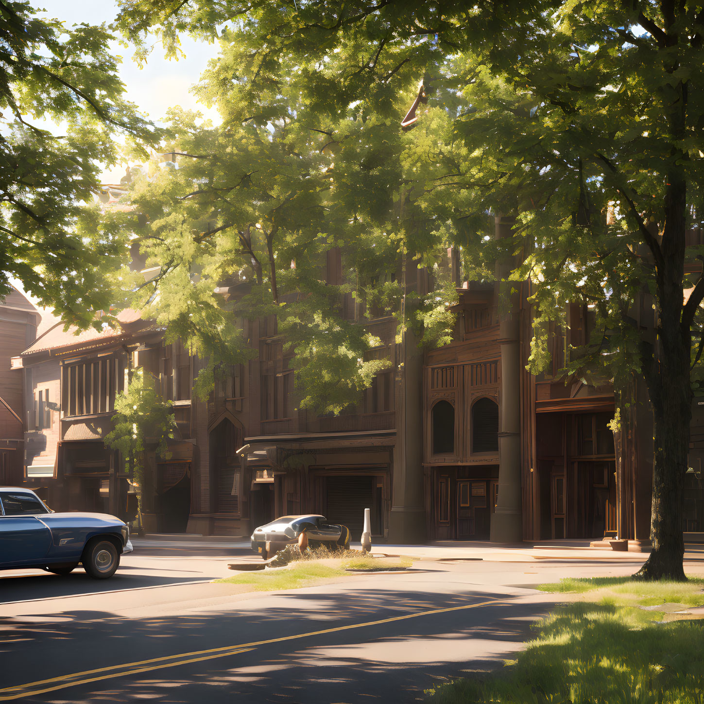 Peaceful Street Scene with Parked Cars and Classical Architecture in Sunlight