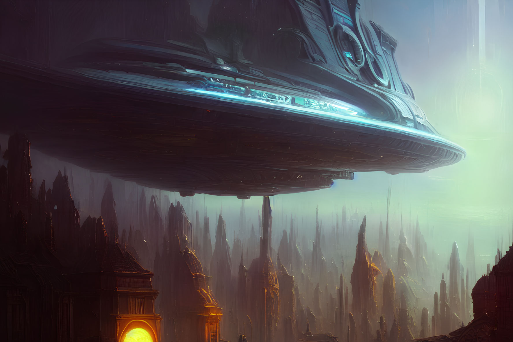 Gigantic futuristic spaceship over alien terrain and ancient structures