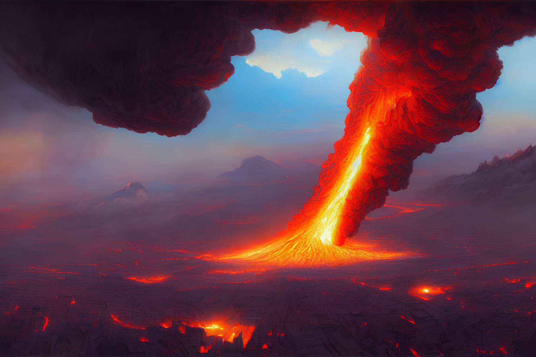 Erupting volcano landscape under red sky