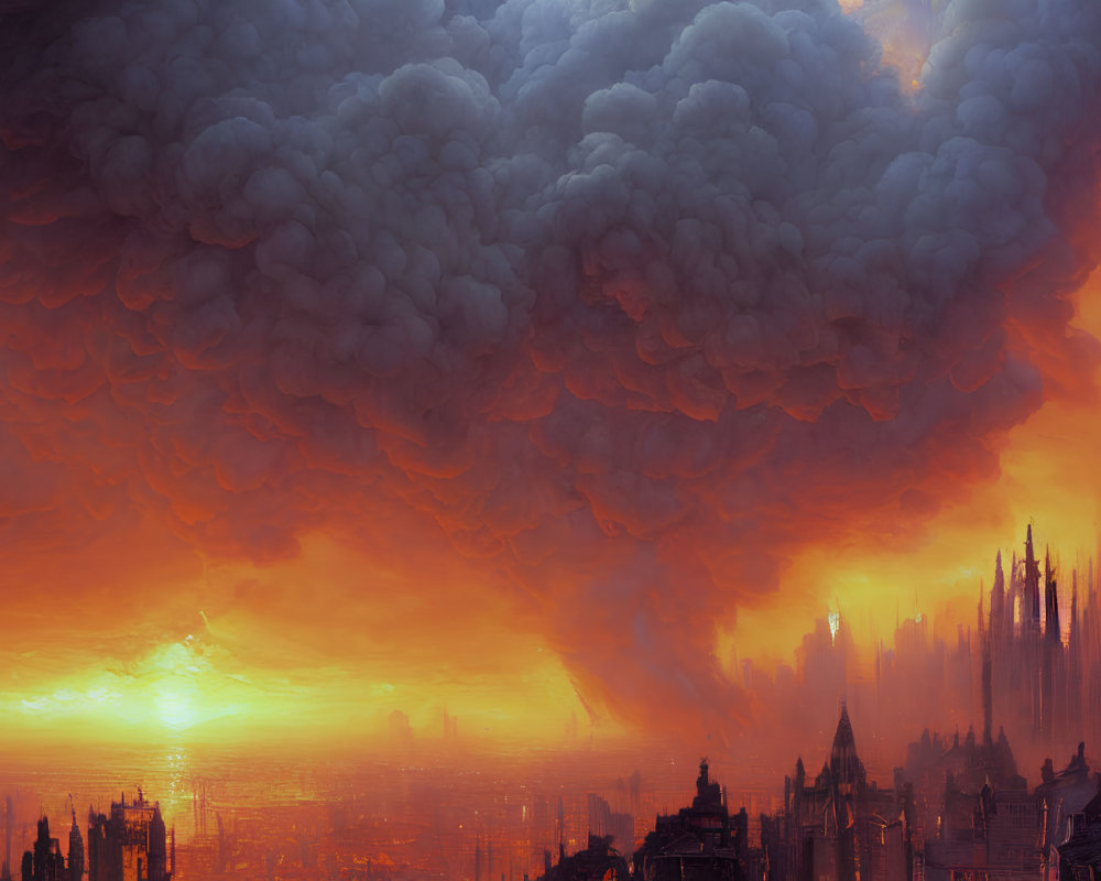 Cityscape with towering spires engulfed in ominous smoke and fiery glow