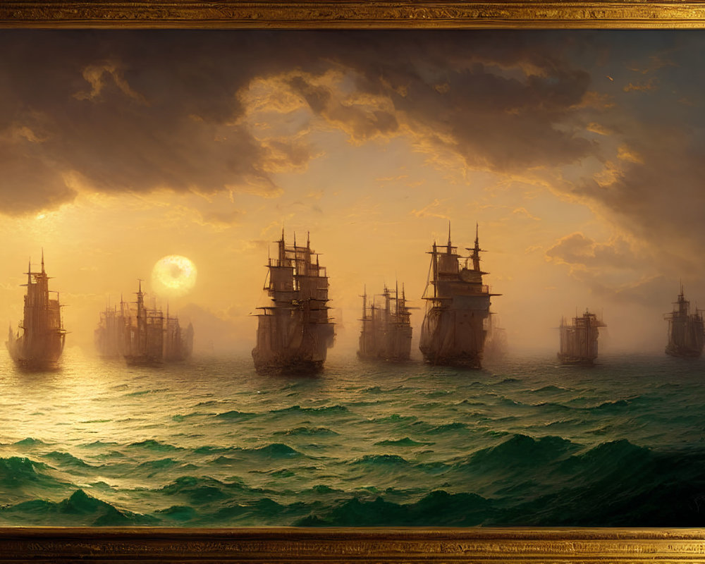 Tall ships sailing on tumultuous sea at sunset