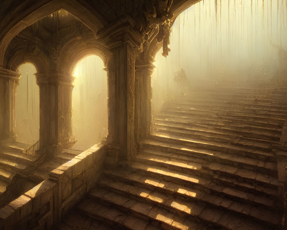 Misty sunlight illuminates ancient grand staircase and arches