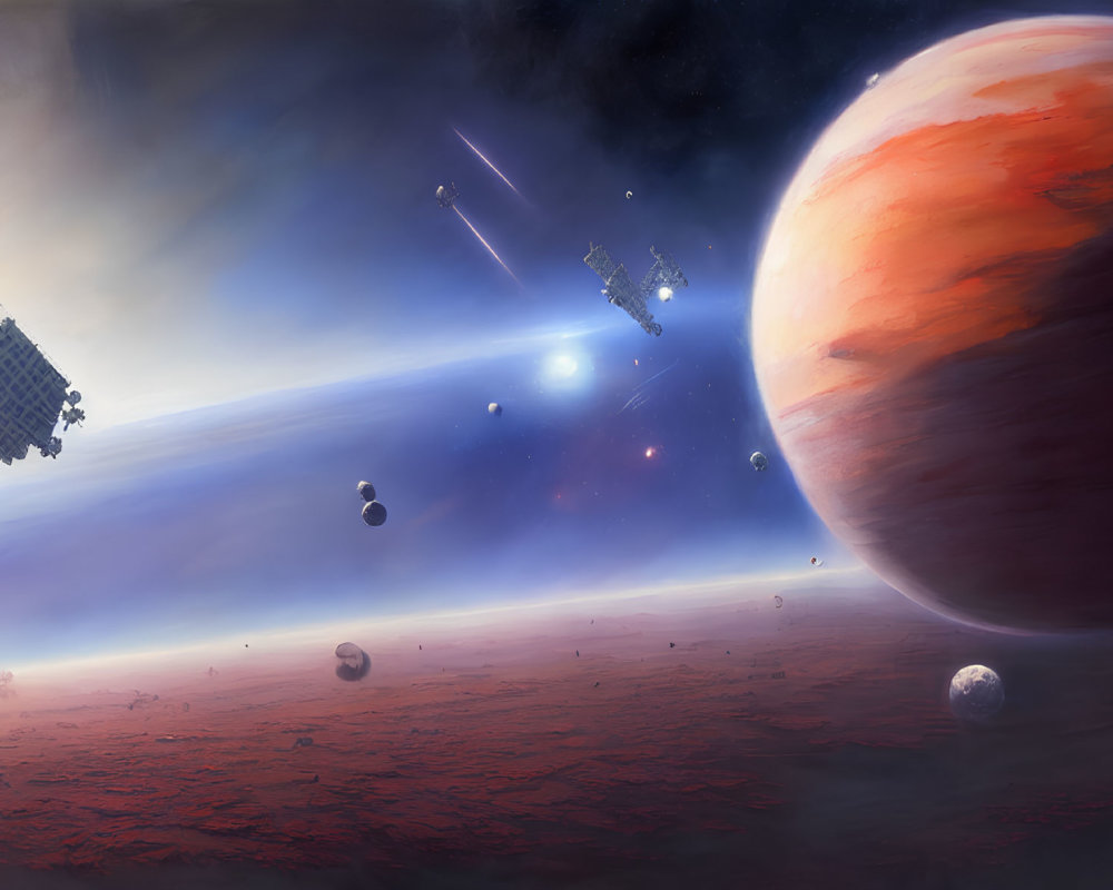 Sci-fi scene: spaceships, red planet, floating rocks, distant sun