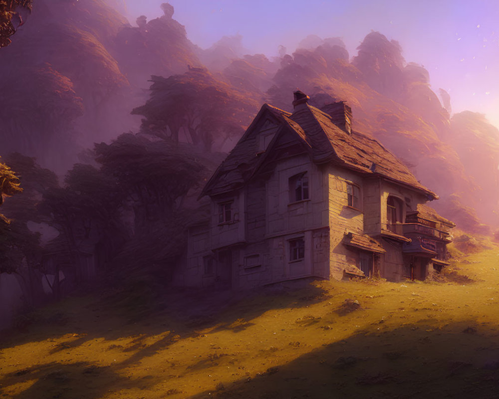 Solitary house in mystical forest with golden light at dusk