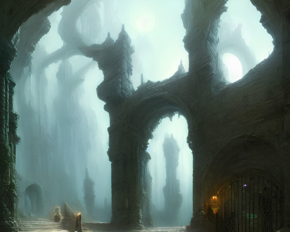 Ethereal ancient ruin with towering arches and misty atmosphere.