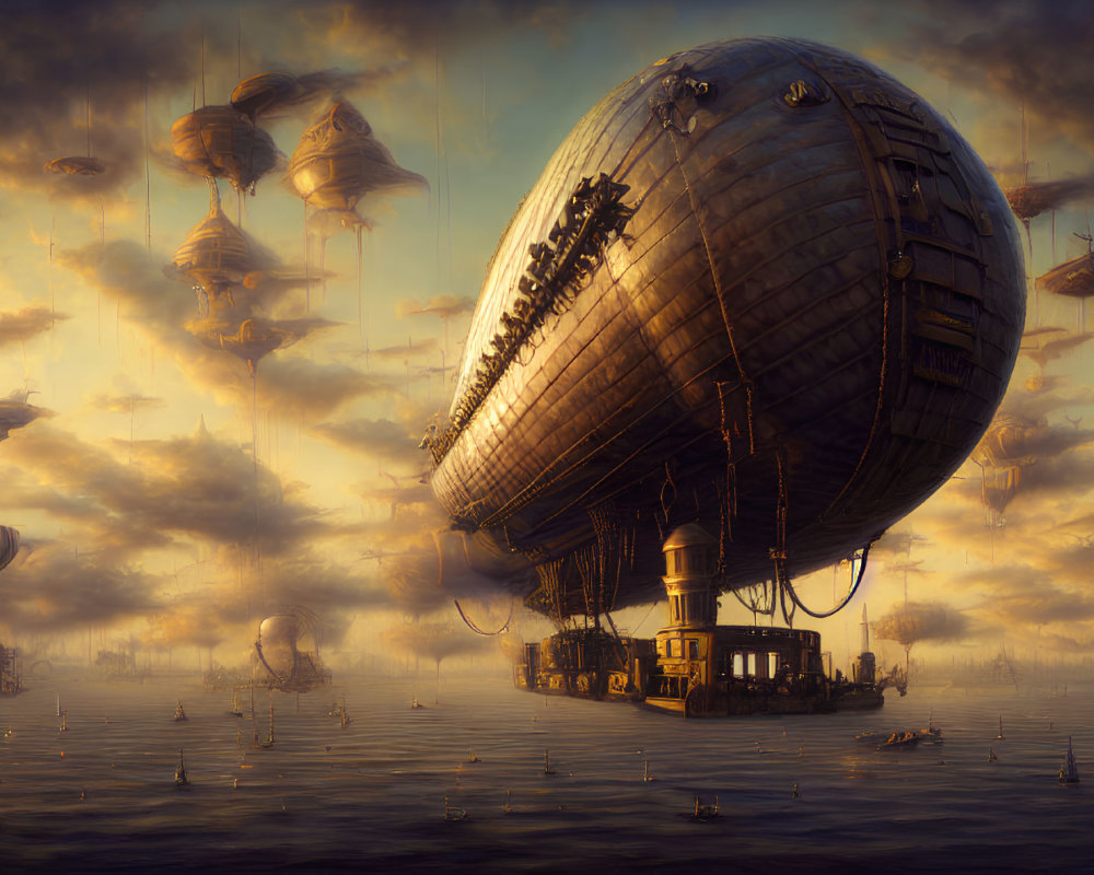 Steampunk airships over tranquil sea at sunset