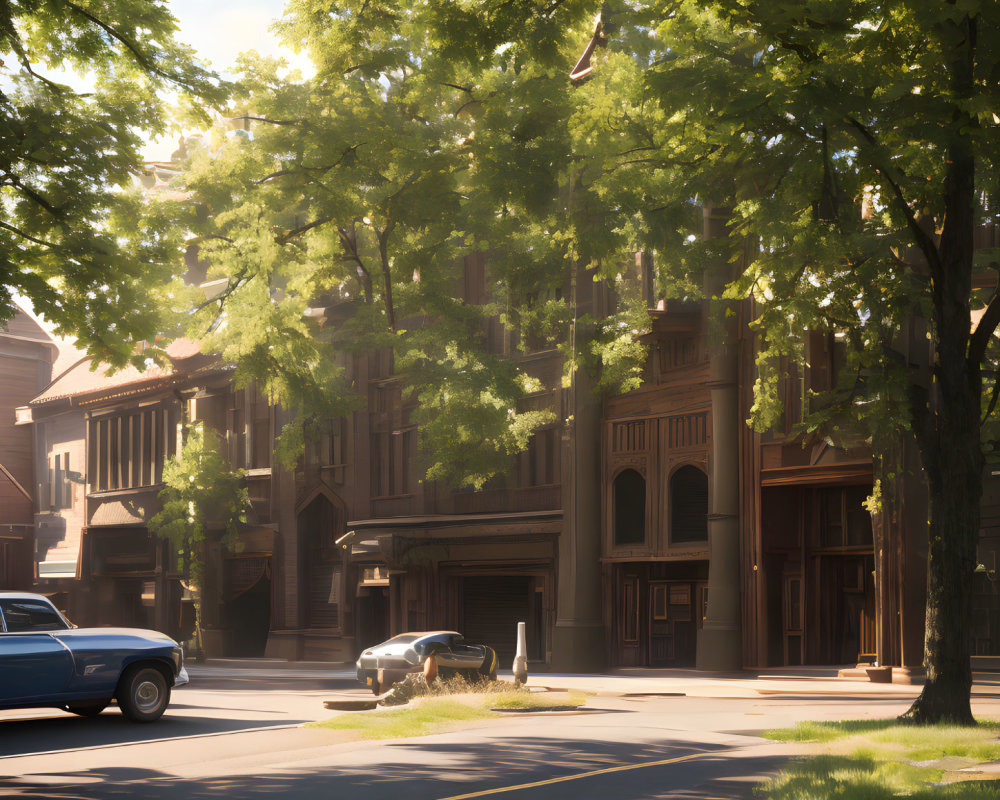 Peaceful Street Scene with Parked Cars and Classical Architecture in Sunlight