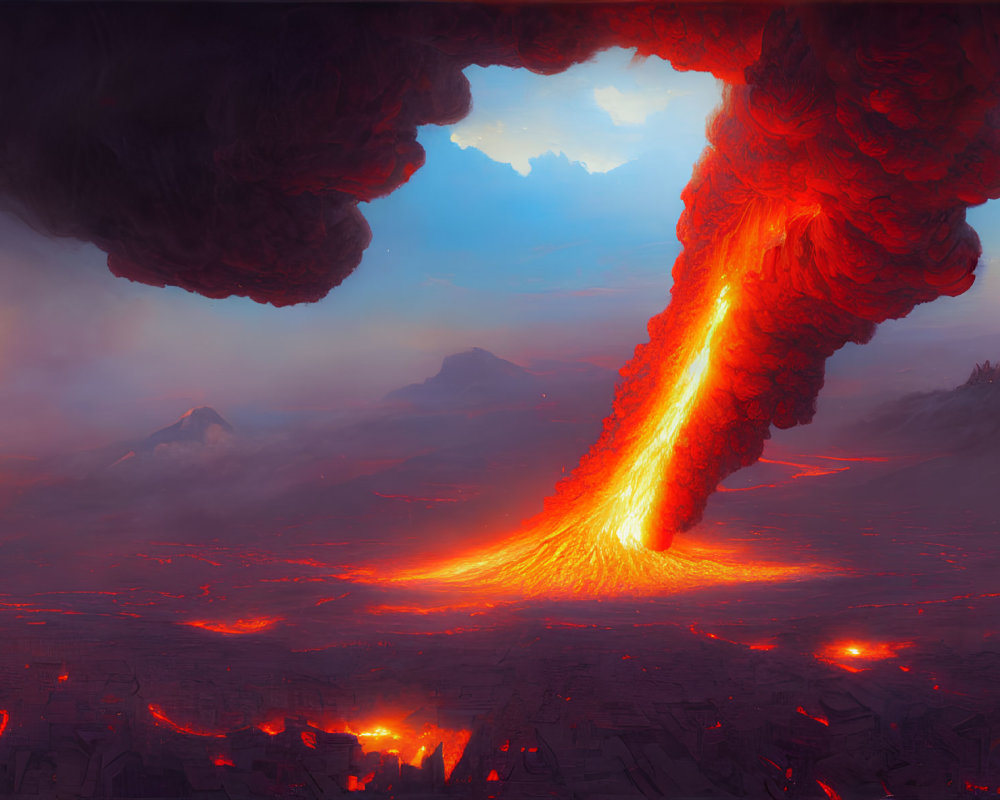 Erupting volcano landscape under red sky