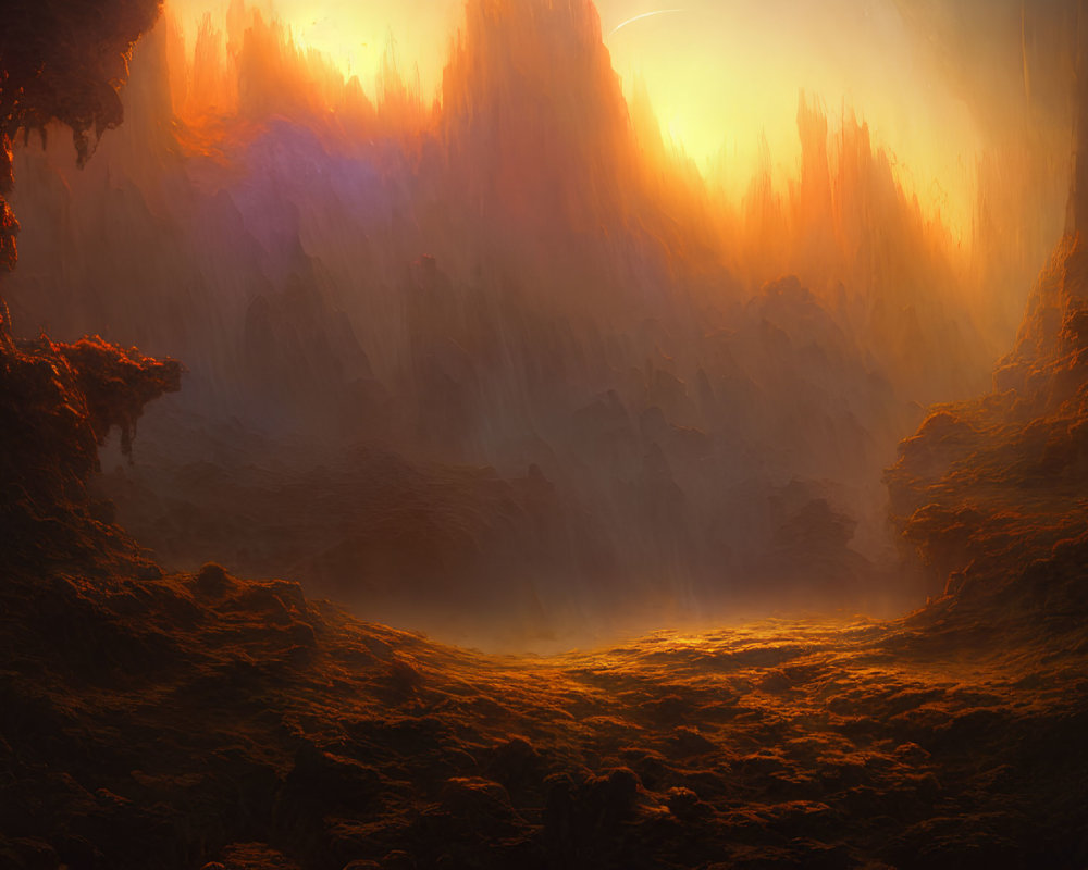 Mystical landscape with towering rock formations in golden glow