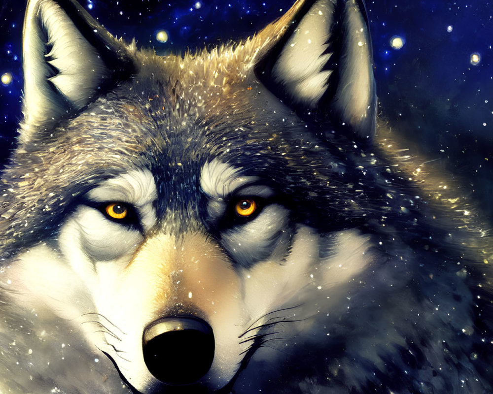 Digital artwork: Wolf's face with intense yellow eyes on starry night sky background