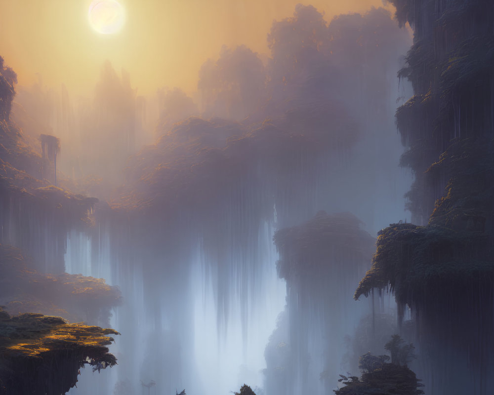 Mystical landscape with towering rock formations in misty glow