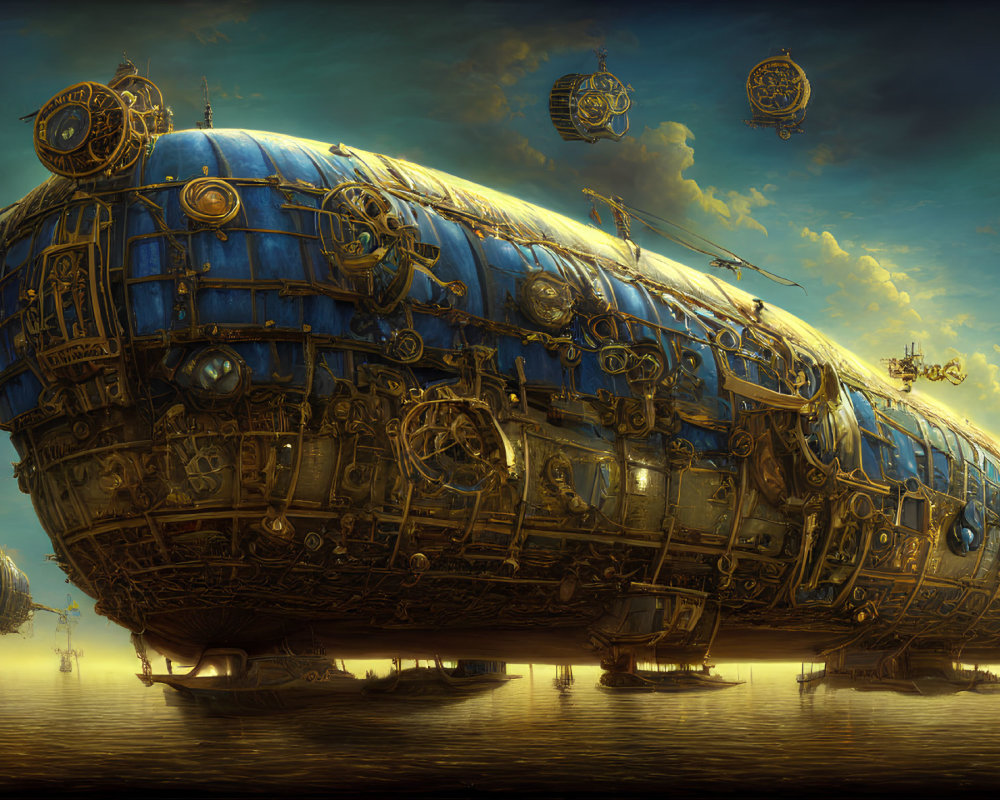 Intricate steampunk airships over calm sea at sunset