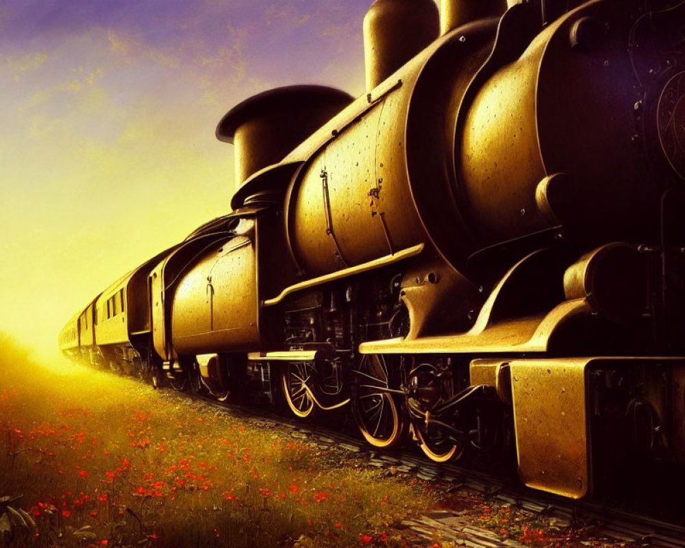 Classic Steam Locomotive and Passenger Carriages Among Flowers