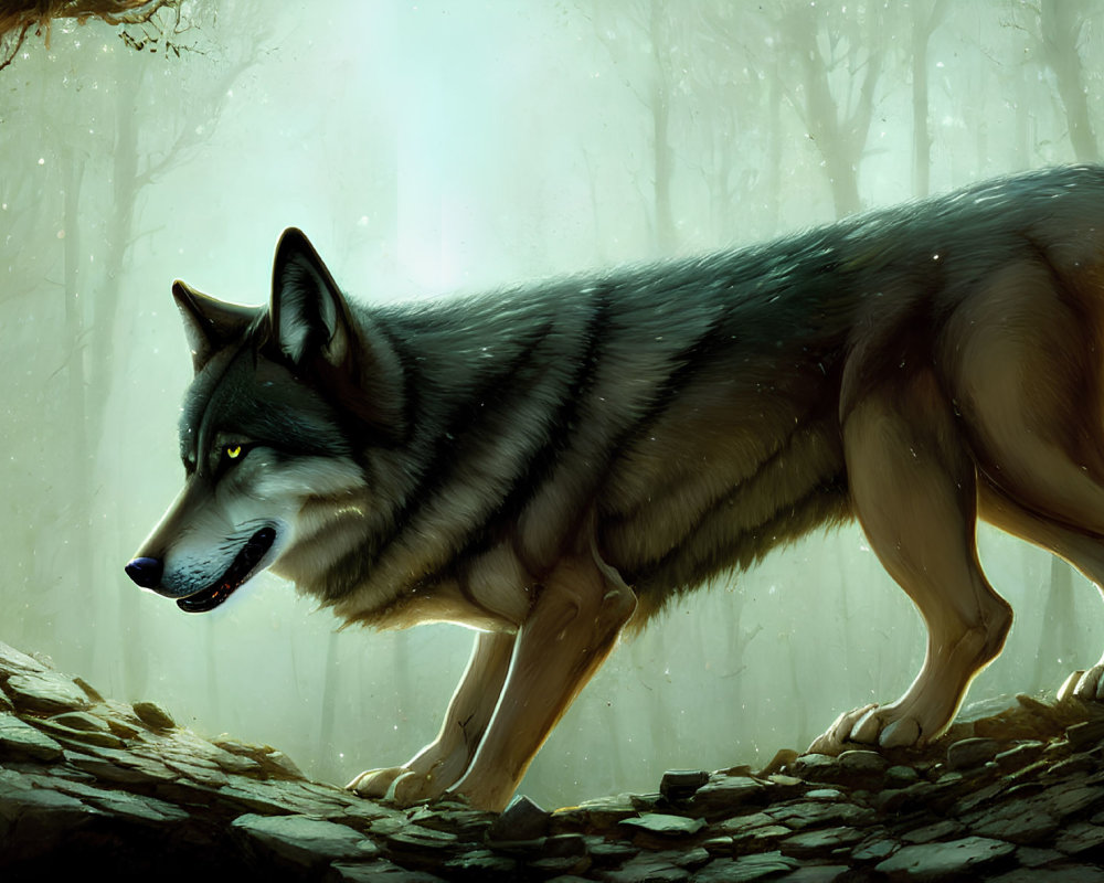 Realistic illustration of majestic wolf in misty forest