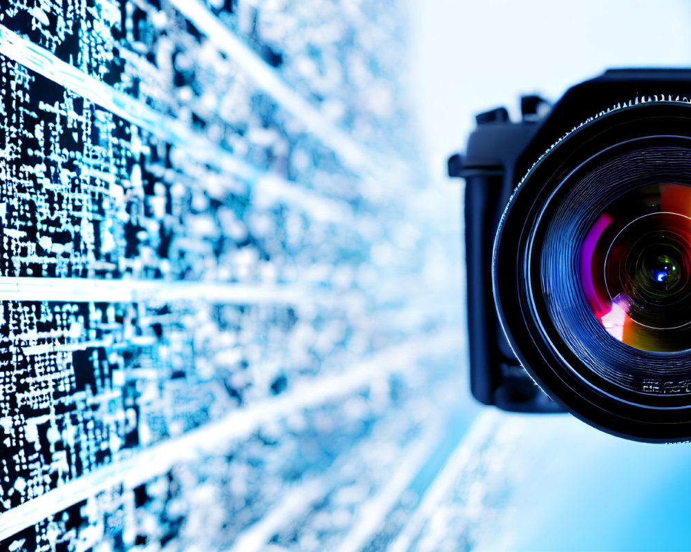 Focused camera lens with digital data streams backdrop symbolizing surveillance