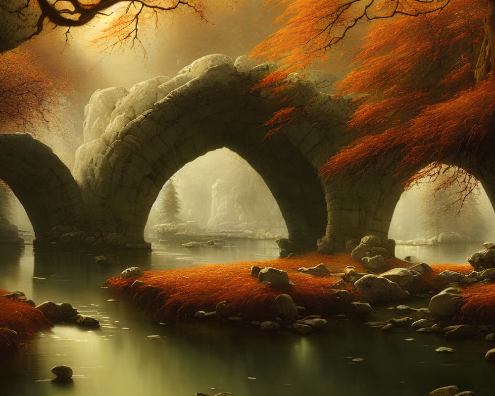 Ethereal autumn landscape with stone bridge, calm river, red foliage trees