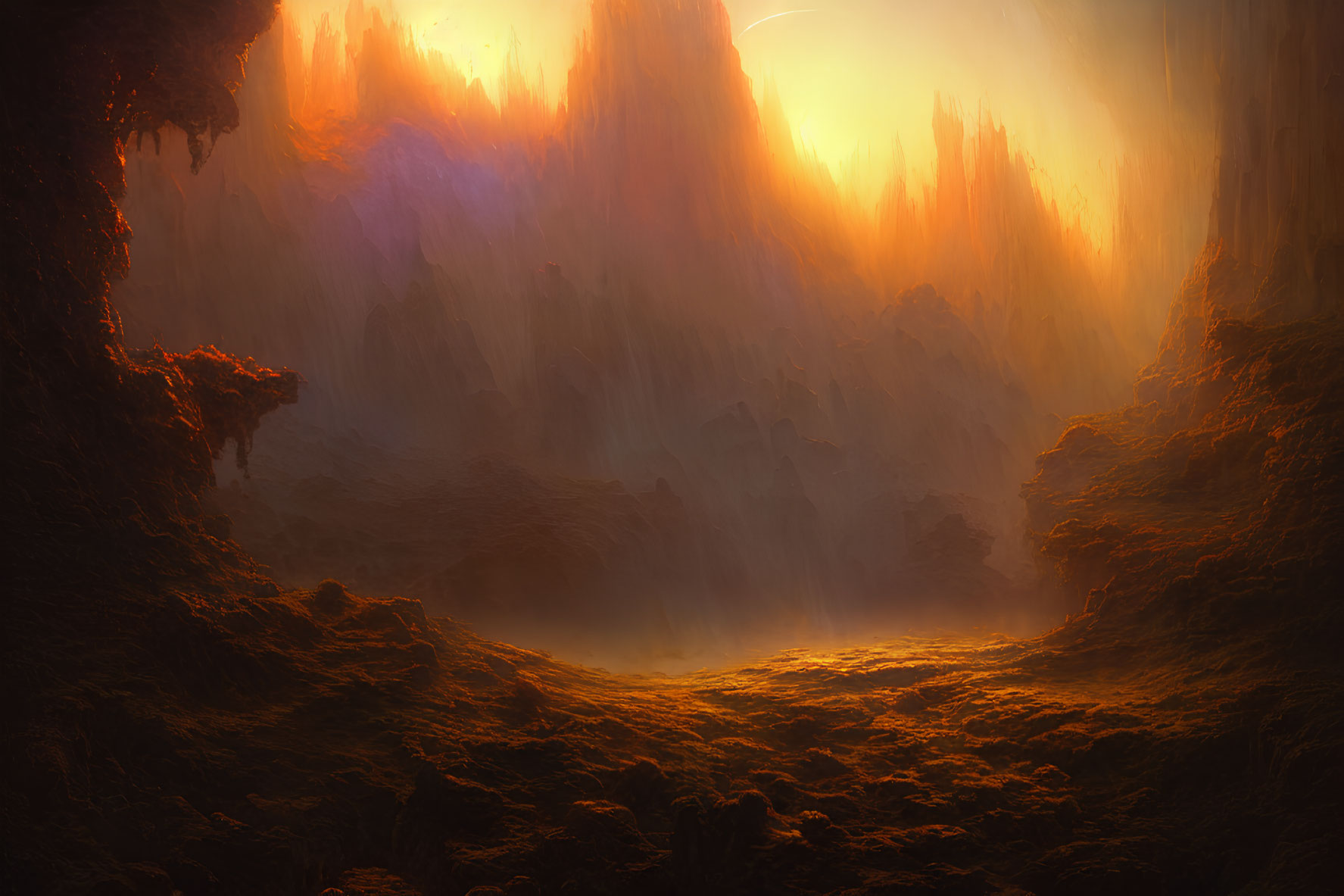 Mystical landscape with towering rock formations in golden glow