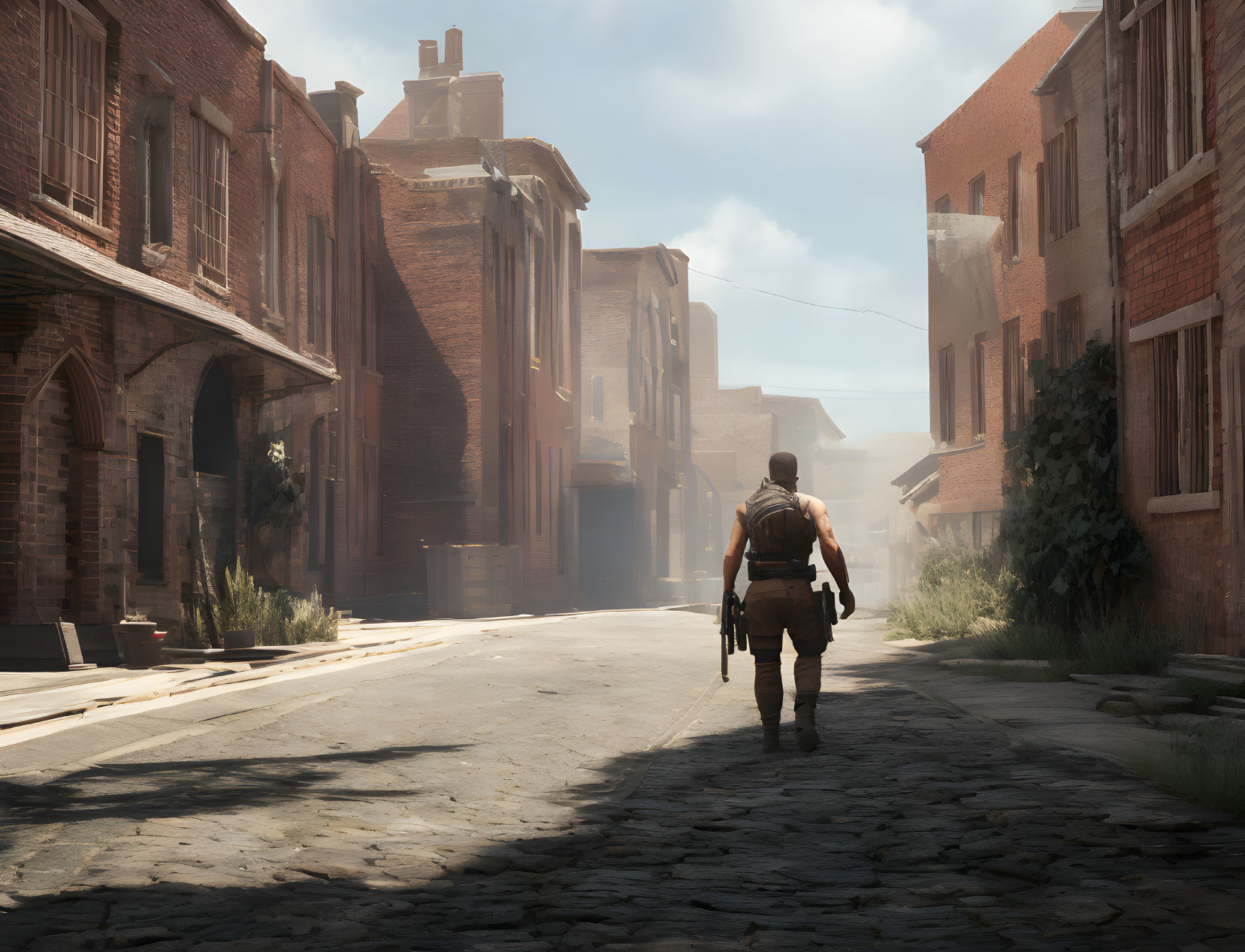 Deserted sunlit street with old brick buildings in post-apocalyptic scene