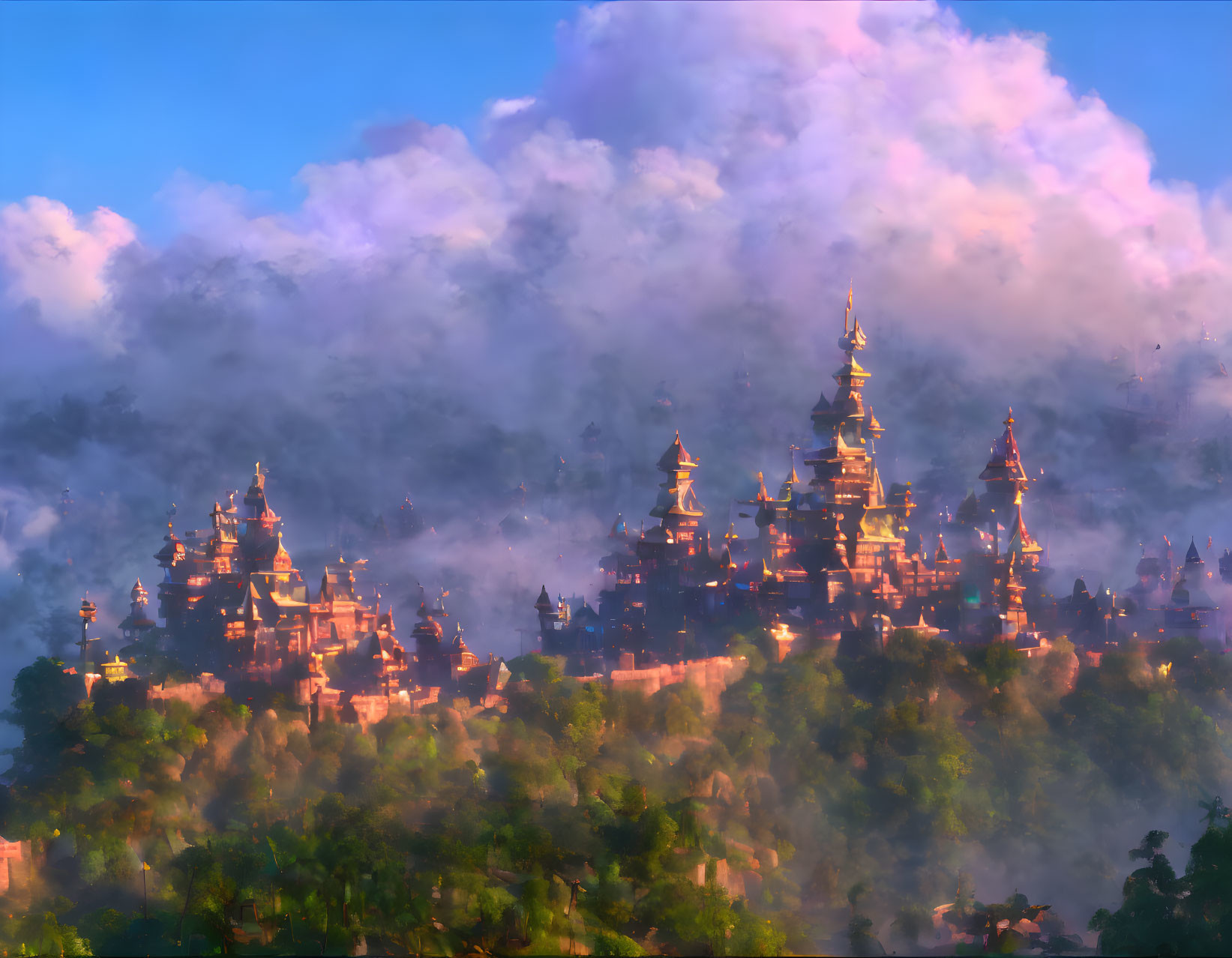 Mystical city with ornate towers in illuminated skies