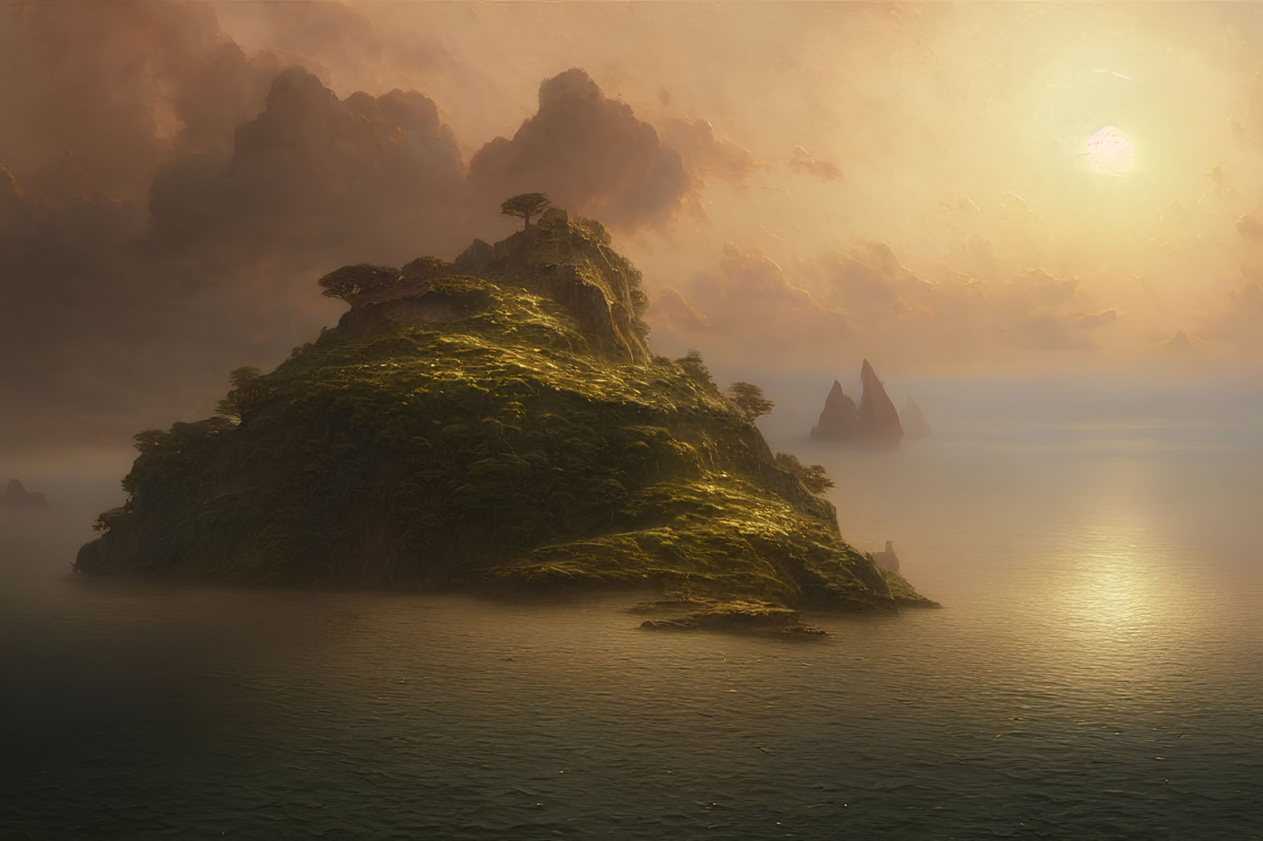 Tranquil sunset over lush island and rocky formations