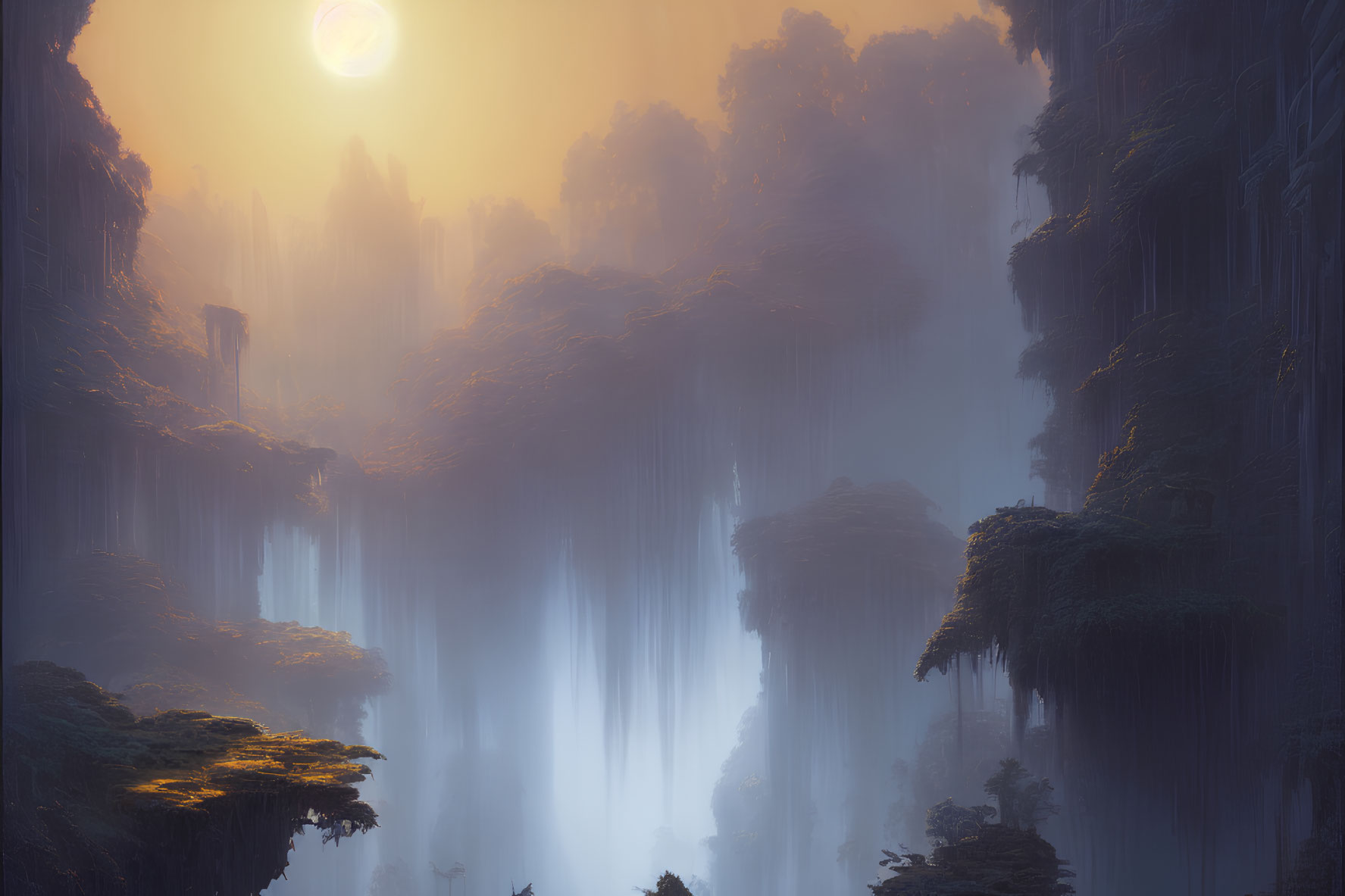 Mystical landscape with towering rock formations in misty glow