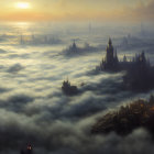 Fantastical cityscape with spires and towers in golden light