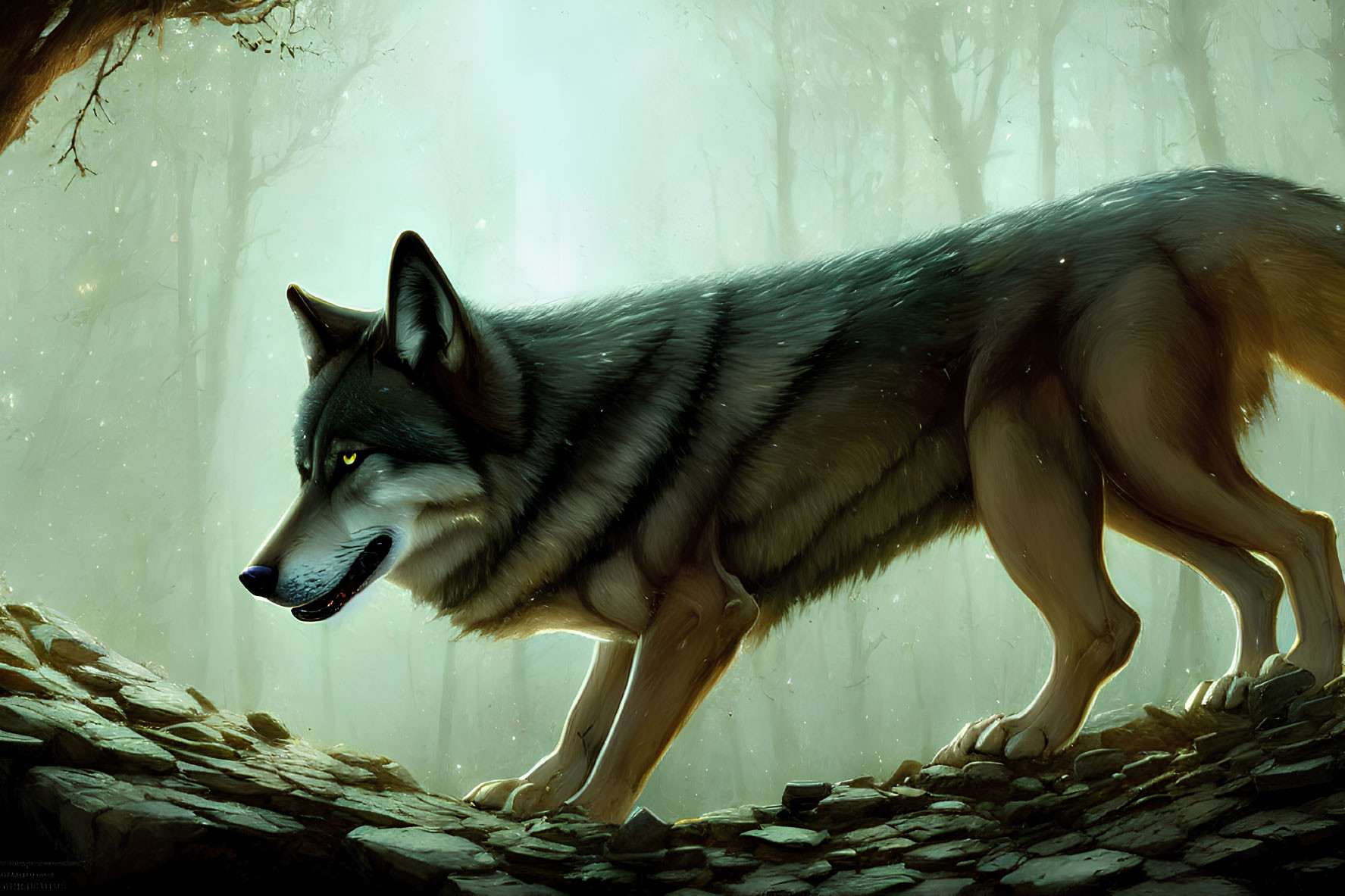 Realistic illustration of majestic wolf in misty forest