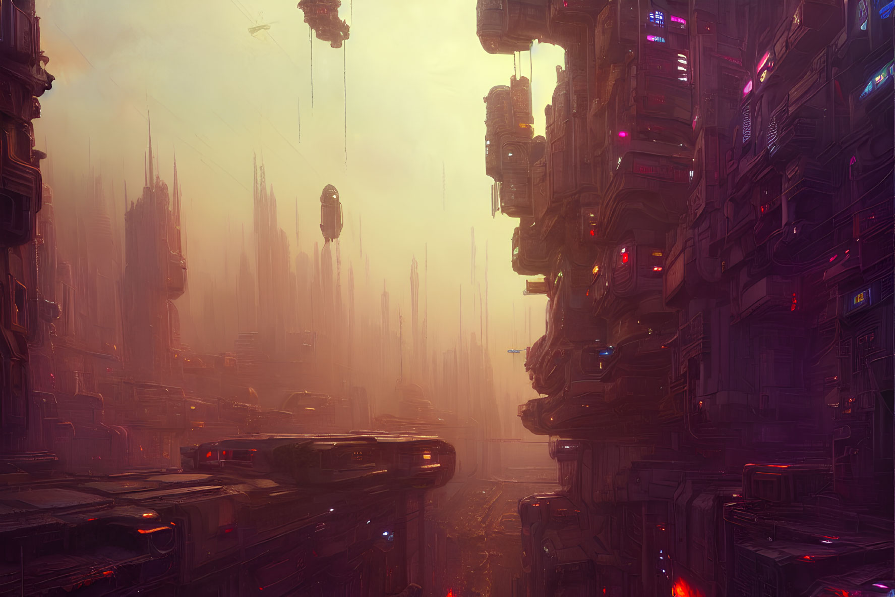 Futuristic cityscape with towering buildings and floating vehicles