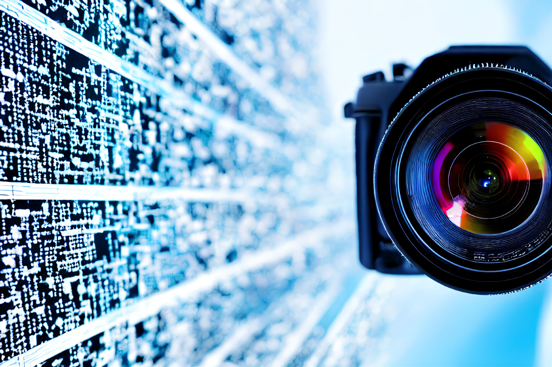 Focused camera lens with digital data streams backdrop symbolizing surveillance